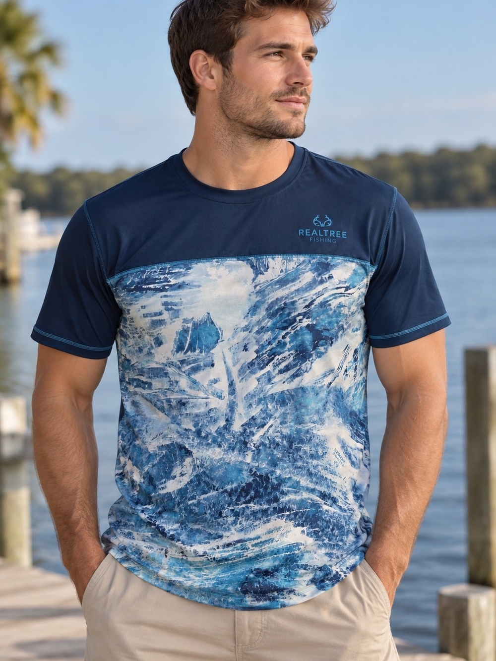 Realtree Fishing Men’s Navy Blue Wave-Print Swim Rash Guard